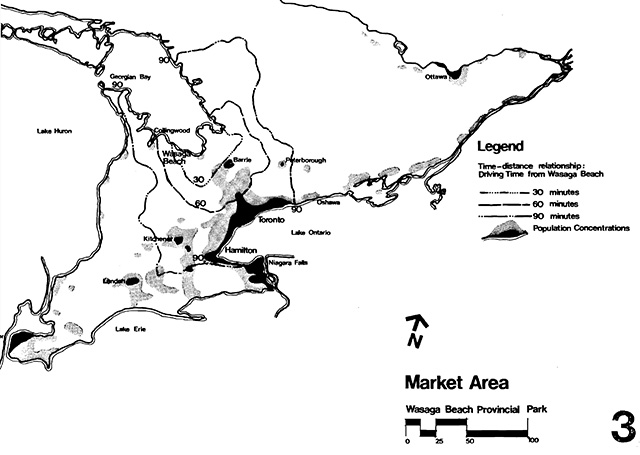 This is a market area map sowing populatoin concentrations and time-distace relationships from Wasaga Beach.