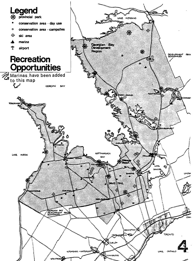 This map shows the recreation opportunities around the southern portion of Georgian Bay and Lake Huron and Lake Simcoe.