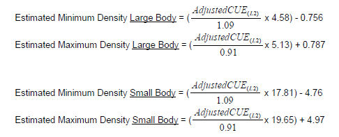 Equation of estimated minimum and maximum density for Large Body and Small Body.