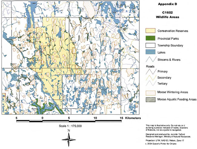 This map provides detailed information about Wildlife Areas in C1602. Conservation Reserves are represented by yellow, provincial parks are represented by green, the township boundary is represented by white, lakes are represented by blue, steams and rivers are represented by blue lines. Primary, secondary and tertiary roads are shown as well as Moose Wintering Areas represented by light red and Moose Aquatic Feeding Areas represented by horizontal black lines.