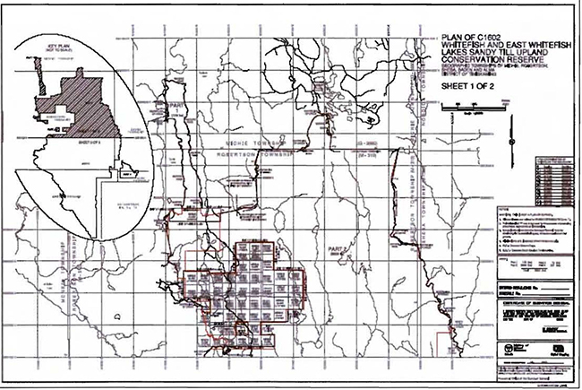 This map provides detailed information about Plan of Whitefish and East Whitefish Lakes Sandy Till Upland Conservation Reserve.