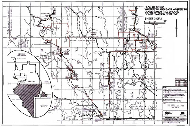 This map provides detailed information about Plan of Whitefish and East Whitefish Lakes Sandy Till Upland Conservation Reserve. (Sheet two)