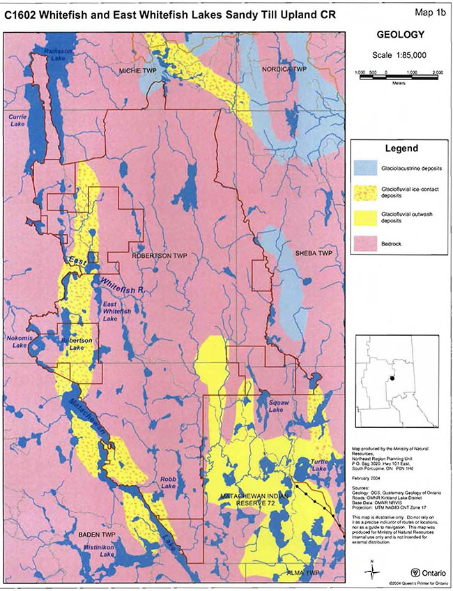 This map provides detailed information about the geology of C1602 Whitefish and East Whitefish Lakes Sandy Till Upland Conservation Reserve. Glaciolacustrine deposits are represented by blue, glaciofluvial ice-contact deposits are represented by yellow with orange dots, glaciofluvial outwash deposits are represented by yellow and bedrock is represented by pink.