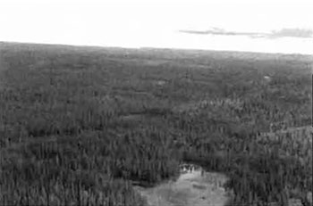 This photo shows a photo Taken at the center of the Conservation Reserves, looking south. Float mats in waterbody. Surrounded by Sb pure (treed bog/conifer swamp) and Bw mixedwood.