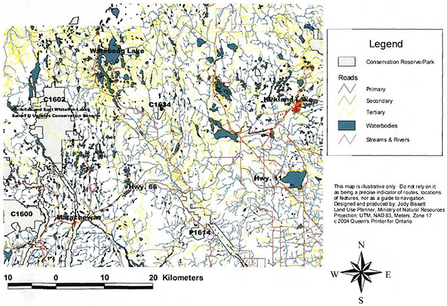 This map provides detailed information about Whitefish and East Whitefish Lakes Sandy Till Uplands Conservation Reserve. Conservation Reserve is represented by a diagonal grey lines, waterbodies are represented by blue, steams and rivers are represented by blue lines. Primary, secondary and tertiary roads are also shown.