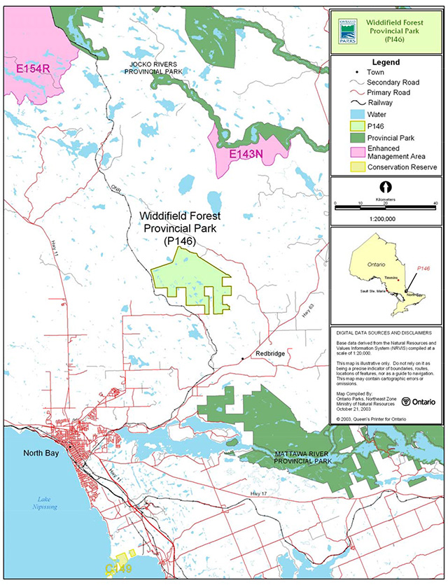 This is a map showing the regional settings of Widdifield Forest Provincial Park (P146) 