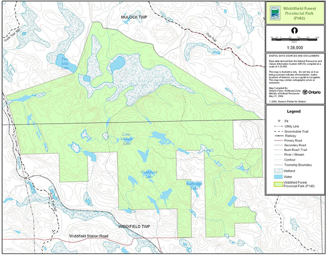 This is a map showing the park boundary in Widdifield Forest Provincial Park (P146)