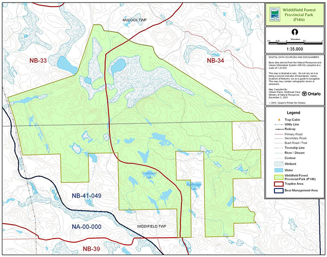 This is a map of trap line areas and bear management areas in Widdifield Forest Provincial Park (P146)