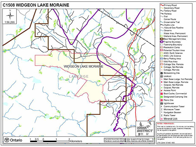 This is a recreational map of Widgeon Lake Moraine Conservation Reserve. It depicts various boundary and site markers that make up the inventory for the location.
