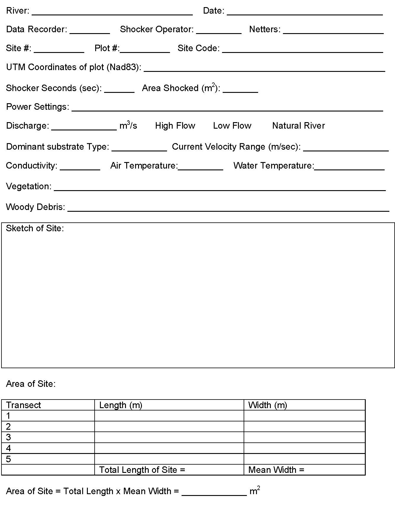 a sample form for collecting information about electrofishing