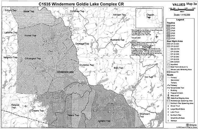 This map provides detailed information about Windermere Goldie Lake Complex Conservation Reserve Values Map.