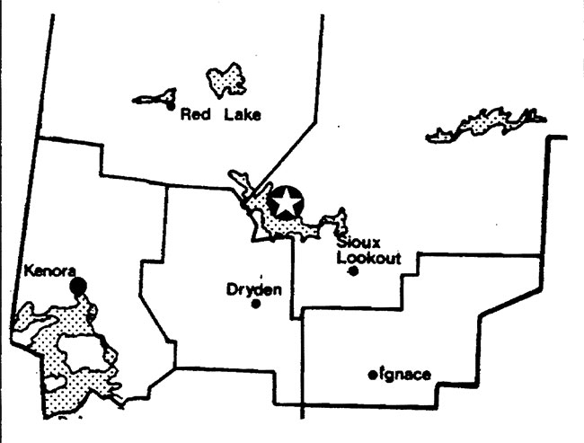 This map indicates the regional setting of Windigo Point Provincial Nature Reserve marked by a star. It also indicates surrounding cities. 