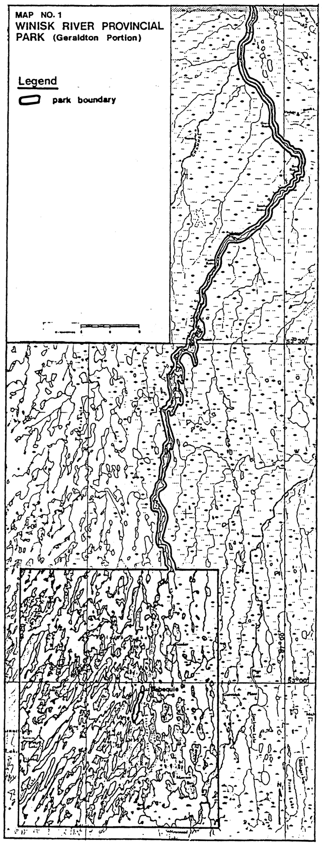 Map of Winisk River Provincial Park showing the Geraldton Portion with park boundary.