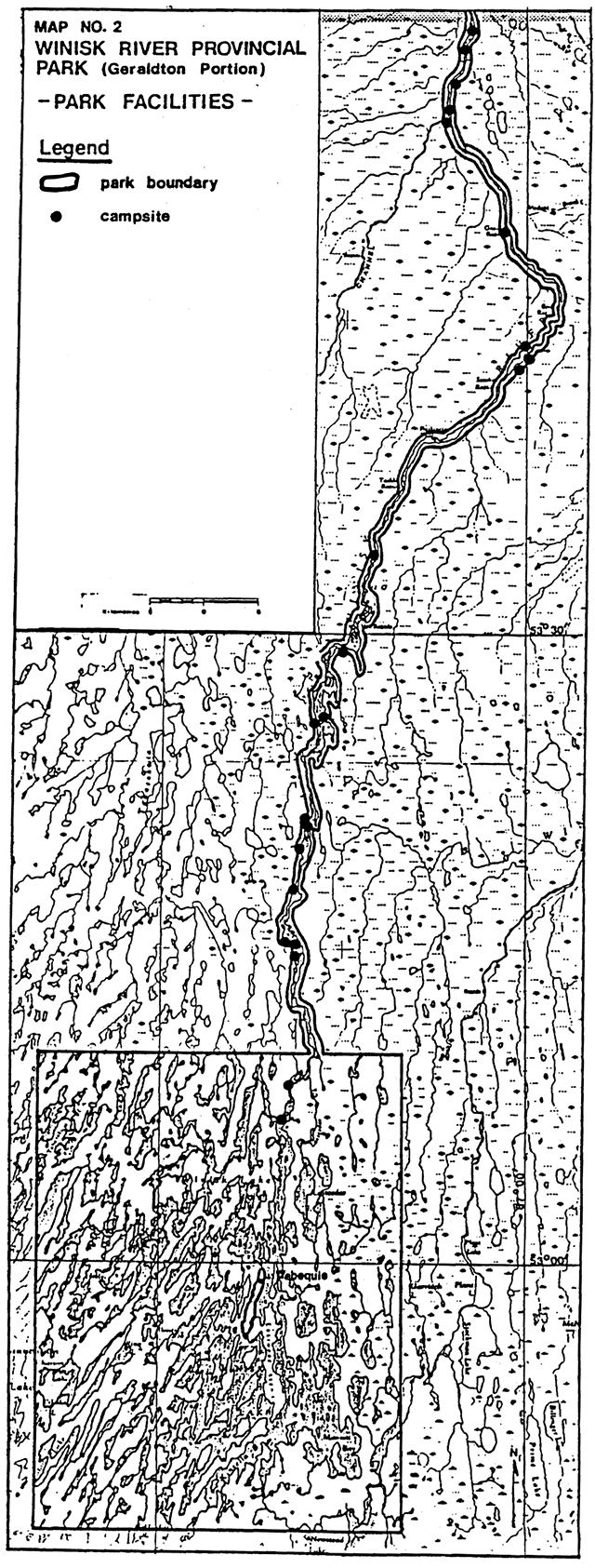 Map of Winisk River Provincial Park, Geraldton Portion showing park facitilies, park boundary and campsites.