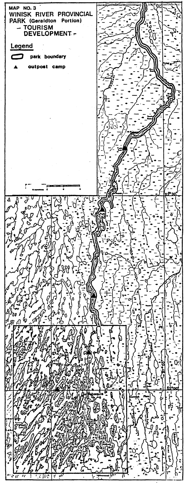 Tourism development map of Winisk River Provincial Park, Geraldton Portion, showing park boundary and outpost camps.