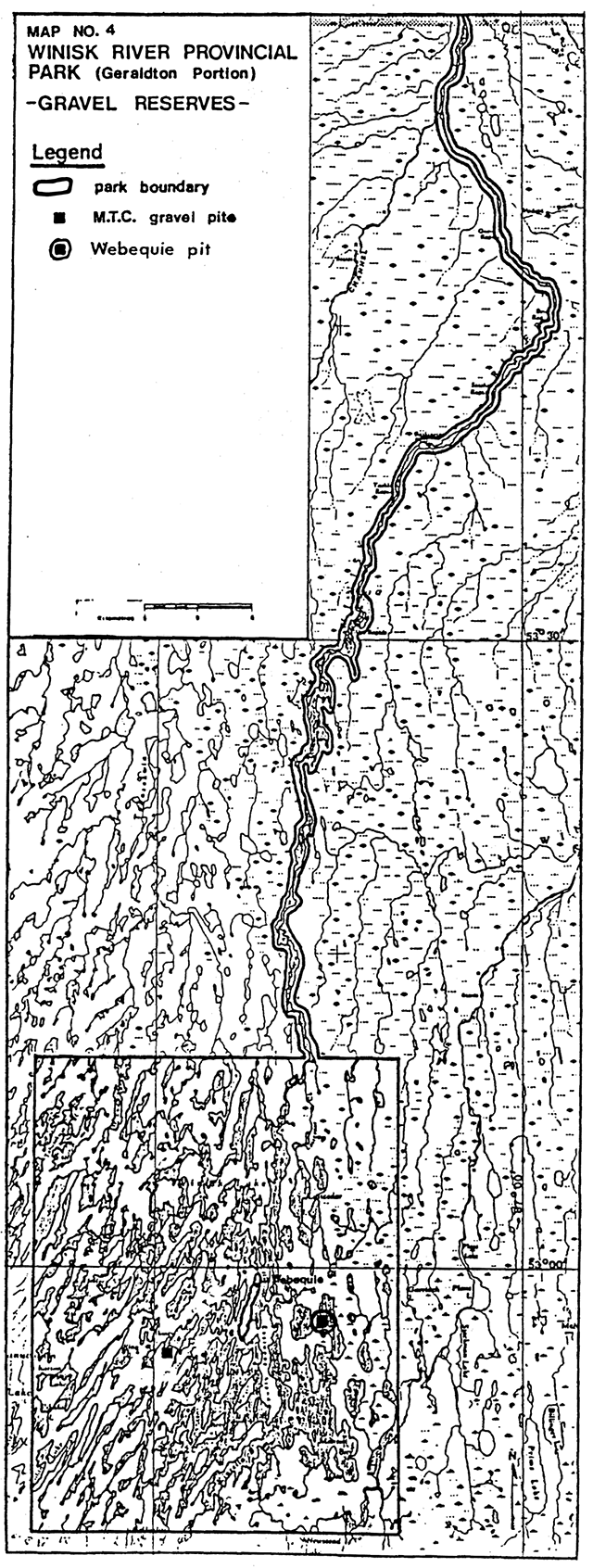 Gravel reserves map of Winisk River Provincial Park, Geraldton Portion, showing park boundary, M.T.C. gravel pits and Webequie pit.