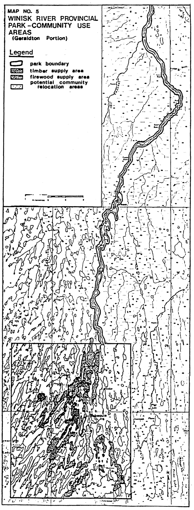 Community use areas map of Winisk River Provincial Park, Geraldton Portion showing park boundary, timber and firewood supply areas, and potential community relocation areas.