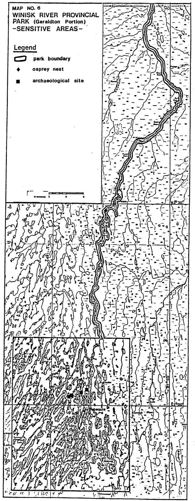 Map of Winisk River Provincial Park, Geraldton , park boundary, showing sensitive areas such as osprey nests and archaeological sites.