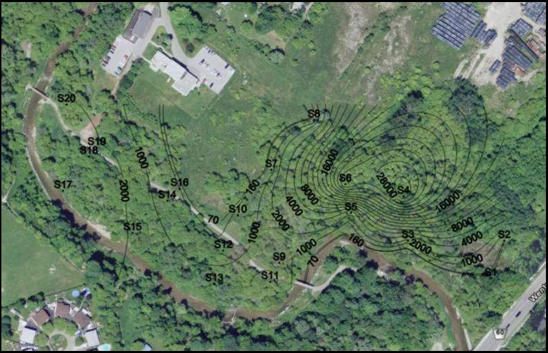 Chromium concentration (micrograms per gram) contours based on the analytical results from soil samples collected at a depth of 0-5 centimetres. Contour lines are superimposed on an aerial image of the former Robson-Lang tannery site. Source: Google Earth