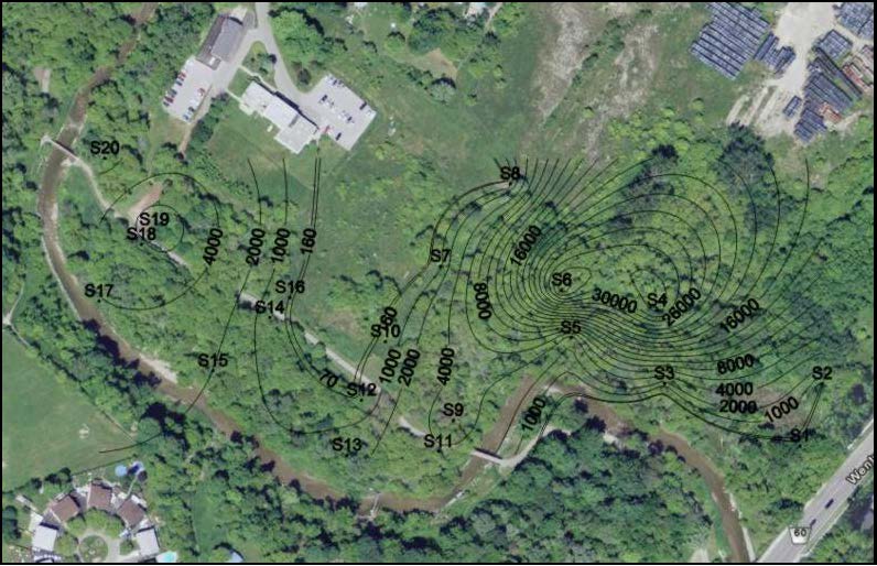 Chromium concentration (micrograms per gram) contours based on the analytical results from soil samples collected at a depth of 5-10 centimetres. Contour lines are superimposed on an aerial image of the former Robson-Lang tannery site. Source: Google Earth