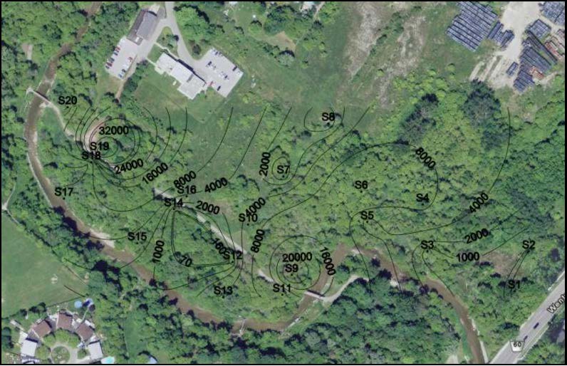 Chromium concentration (micrograms per gram) contours based on the analytical results from soil samples collected at a depth of 15-30 centimetres. Contour lines are superimposed on an aerial image of the former Robson-Lang tannery site. Source: Google Earth