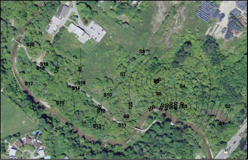 Lead concentration (micrograms per gram) contours based on the analytical results from soil samples collected at a depth of 0-5 centimetres.  Contour lines are superimposed on an aerial image of the former Robson-Lang tannery site. Source: Google Earth