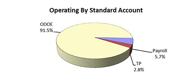 Operating by Standard Account pie chart showing Other Direct Operating Expenditures at 91.5%, Payroll – 5.7% and Transfer Payments at 2.8%