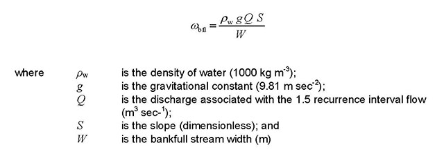 Formula for calculating bankfull stream power