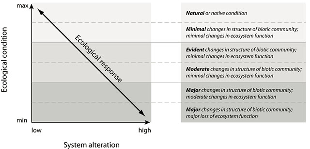 A greyscale model with an arrow and layers depicting the relationship between ecological conditions and system alterations.