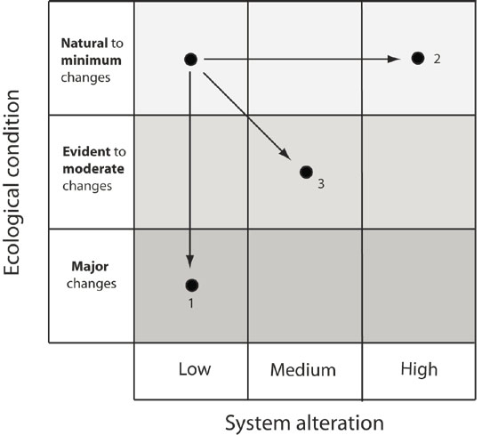 greyscale matrix with black dots and arrows depicting change in ecological condition in response to system alteration.
