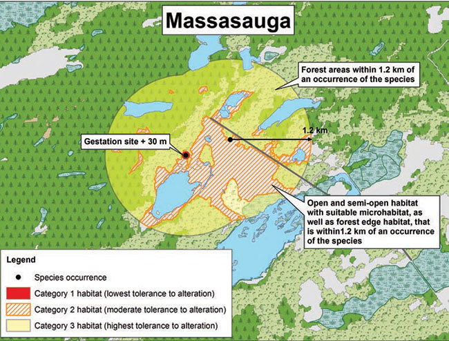 Diagram illustrating a sample application of the general habitat protection for Massasauga, depicting the habitat categorization described in this document.
