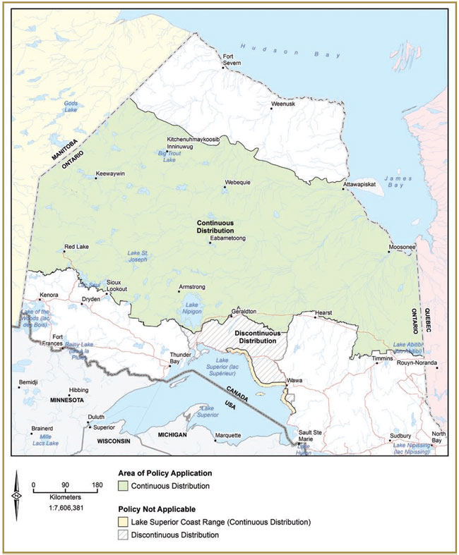 Figure 1 showing areas in Ontario where area of policy application applies and areas where the policy is not applicable.