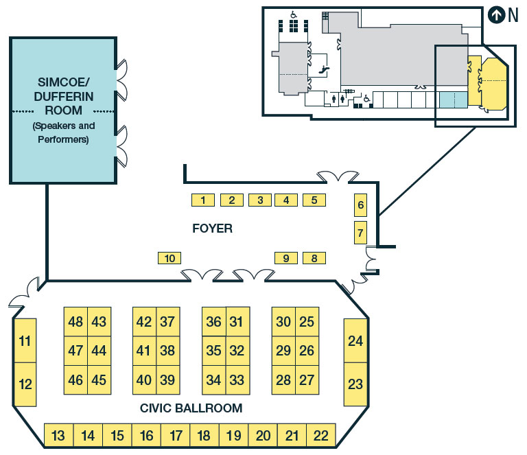 This image is an overhead view showing the layout of exhibitors in the Civic Ballroom.