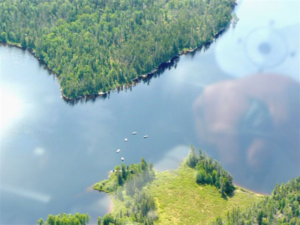 Figure 6. A view from an airplane conducting summer aerial activity counts of angling activity on a BsM lake.