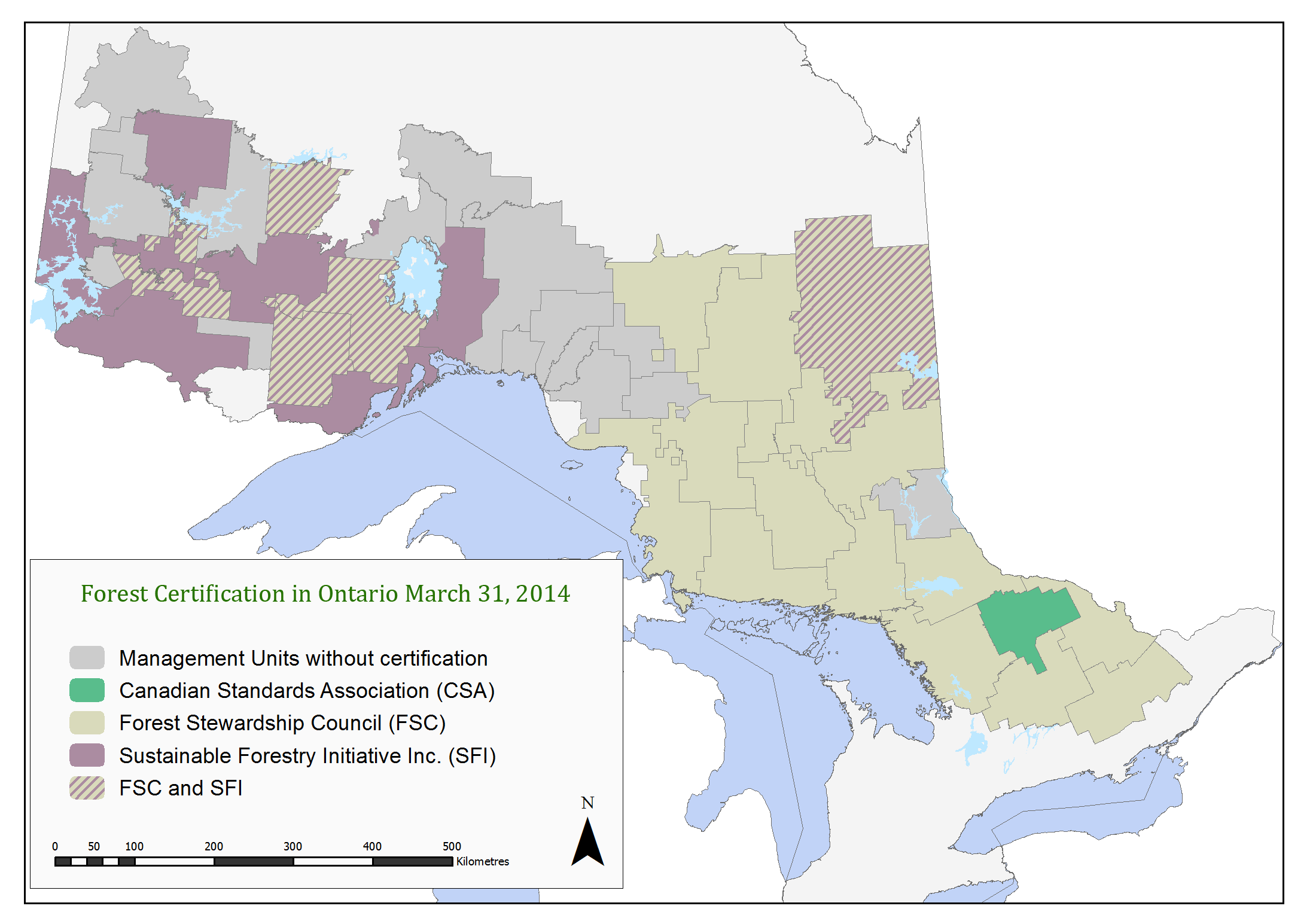 Map showing forest certification within Ontario by certification system for March 2014