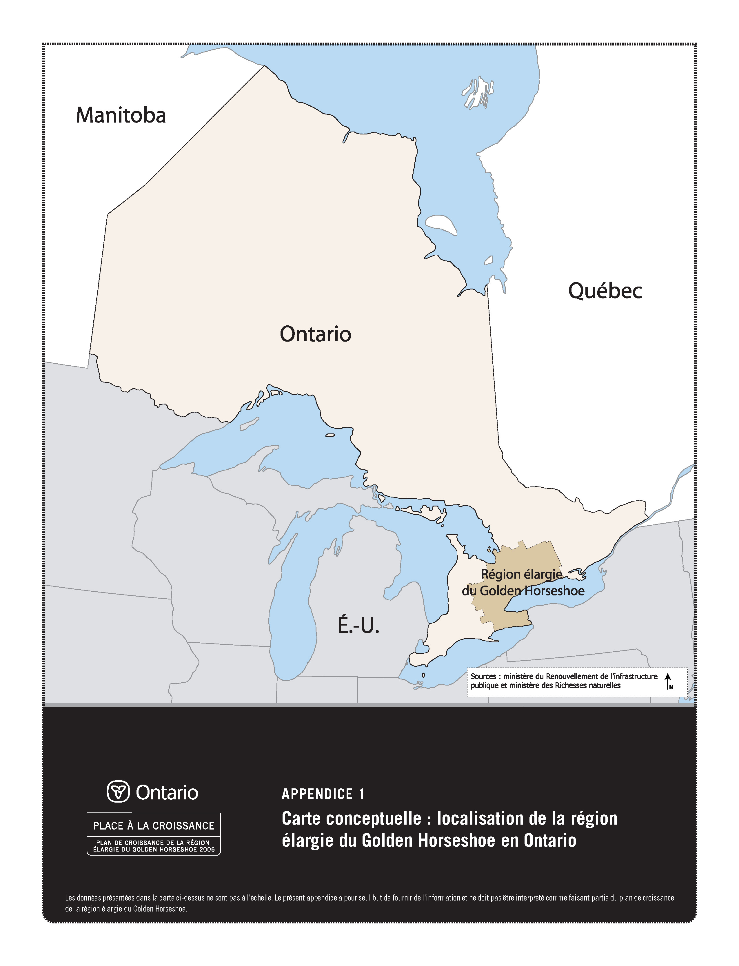 Carte conceptuelle: localisation de la région élargie du Golden Horseshoe en Ontario