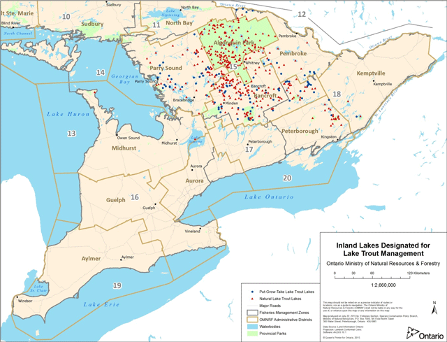 map of inland lakes designated for Lake Trout management in the southern region. Blue circles represent Put-Grow-Take Lake Trout Lakes, red triangles represent Natural Lake Trout Lakes, grey lines represent major roads, grey outlined areas represent Fisheries Management Zones, gold outlined areas represent Ontario Ministry of Natural Resources and Forestry administrative districts, blue areas represent waterbodies, and green areas represent provincial parks.