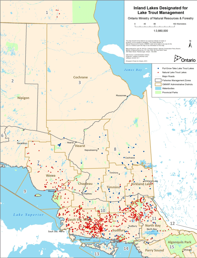 map of inland lakes designated for Lake Trout management in the northeast region. Blue circles represent Put-Grow-Take Lake Trout Lakes, red triangles represent Natural Lake Trout Lakes, grey lines represent major roads, grey outlined areas represent Fisheries Management Zones, gold outlined areas represent Ontario Ministry of Natural Resources and Forestry administrative districts, blue areas represent waterbodies, and green areas represent provincial parks.