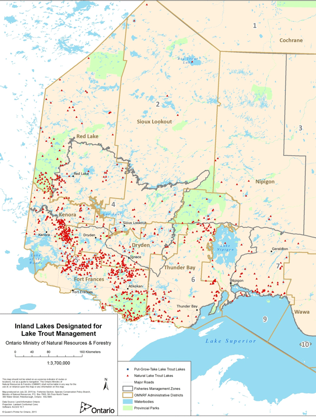 map of inland lakes designated for Lake Trout management in the northwest region. Blue circles represent Put-Grow-Take Lake Trout Lakes, red triangles represent Natural Lake Trout Lakes, grey lines represent major roads, grey outlined areas represent Fisheries Management Zones, gold outlined areas represent Ontario Ministry of Natural Resources and Forestry administrative districts, blue areas represent waterbodies, and green areas represent provincial parks.