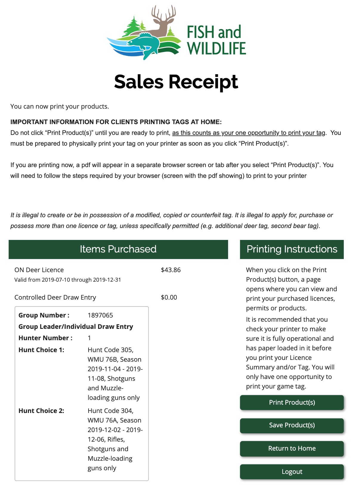 screenshot of the sales receipt, featuring printing instructions, items purchased, and email instructions.