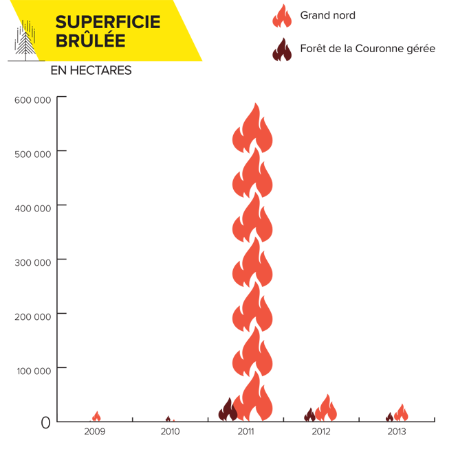Superficie annuelle, en hectares, des forêts brûlées entre 2009 et 2013