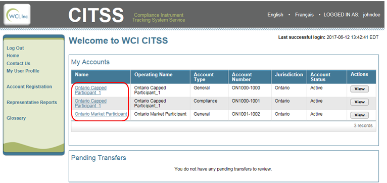This figure shows how to access the Account Detail page for a participant by selecting the participant name hyperlink in the Name field on the CITSS Home page.