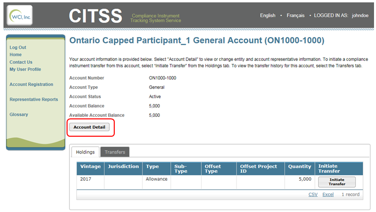 This figure shows how to access the Account Detail page by selecting the 'Account Detail' button on the participant’s Account page.