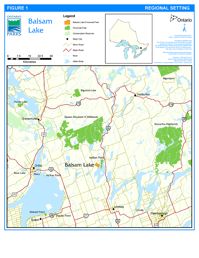 Figure 1: Regional Setting. A map showing the area surrounding Balsam Lake Provincial Park. Orillia and Lake Simcoe are to the west, Gravenhurt is northwest of the park, Haliburton to the northeast, and Peterborogh and Lindsay to the southeast. Queen Elizabeth II Wildlands, Indian Point, MaRae Point and Emily Provincial Parks are some of the parks in the surrounding area.