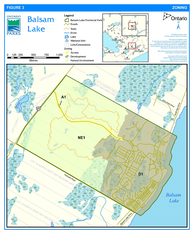 Figure 3: Zoning. This map shows the zoning for Balsam Lake Provincial Park. Balsam Lake has three zones: an access zone (A1), a natural environment zone (NE1) and a development zone (D1). A1 includes the main road entering the park from Highway 48 and the Plantation Trail parking area. NE1 contains a rolling and partially wooded landscape with a regionally significant esker-kame complex. The park’s hiking trails are located in this zone. D1 contains the park’s recreation and adminsitrative facillities.