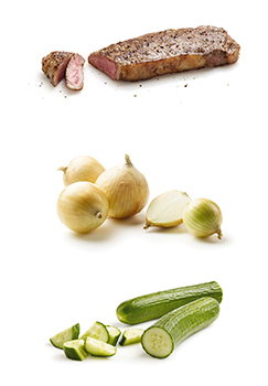 Steak, onions and greenhouse cucumber