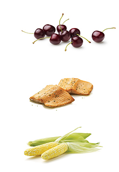 This is a photo of Cherries, rainbow trout and corn.