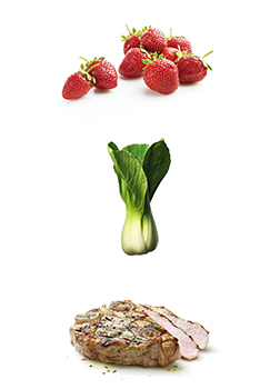 Strawberries, bok choy and veal