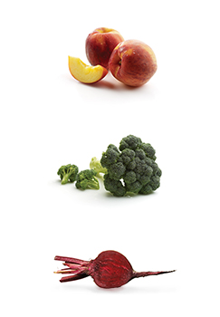 This is a photo of Peaches, broccoli and beets.