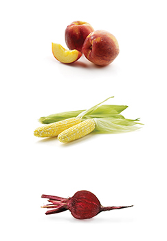 This is a photo of Peaches, corn and beets.